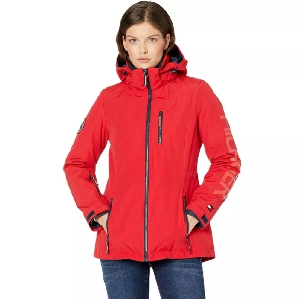 TOMMY HILFIGER Women's 3-in-1 Systems Anorak Jacket with Hood Red Navy Blue Sz L